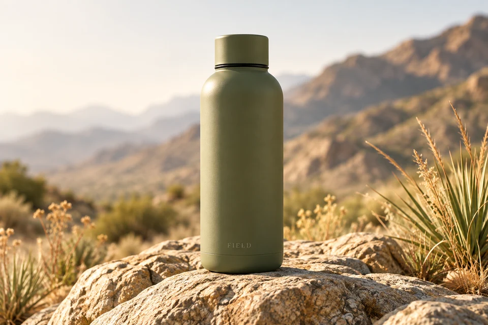 Fictional FIELD olive bottle on a sunlit rock